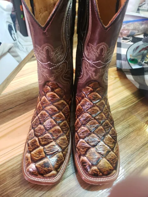 Men's Fish Scale Leather Western Square Toe  Cowboy Boots Size 7 Reg