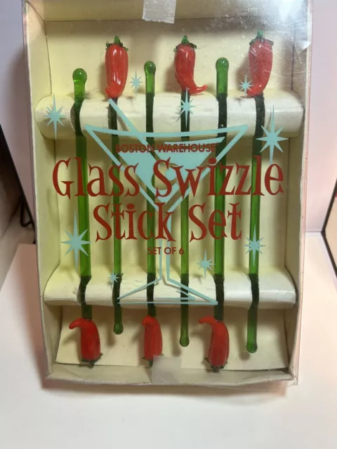 Vintage NIB Chili Peppers Glass Swizzle Sticks Boston Warehouse Set of (6) 2002