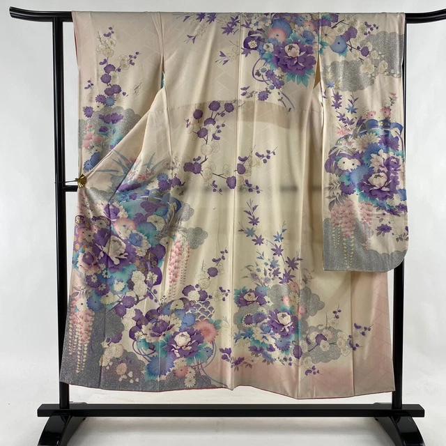 Japanese Silk Kimono Robe Vintage Furisode Long Sleeves Gold Pink Peony Moutan