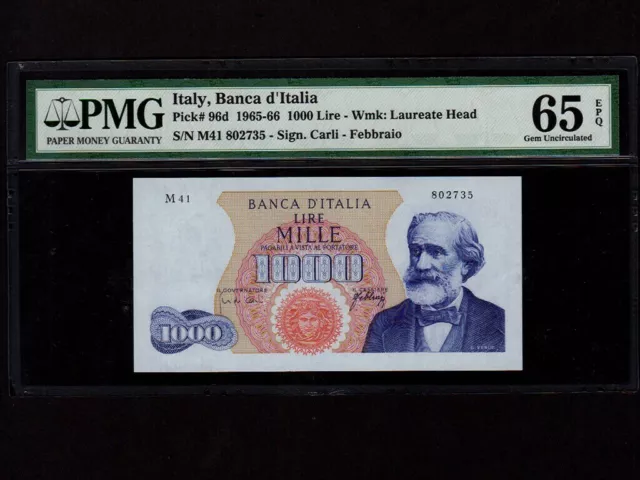 Italy:P-96d,1000 Lire, 1966 * G. Verdi * PMG Gem UNC 65 EPQ *