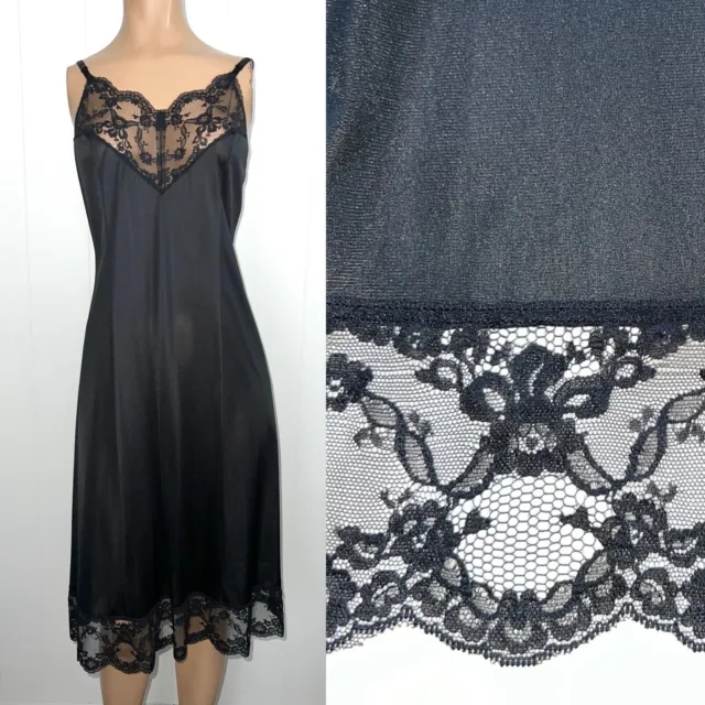 VANITY FAIR Vintage Black Nylon Full Dress Slip WIDE LACE Hem 36 Long Fits S M