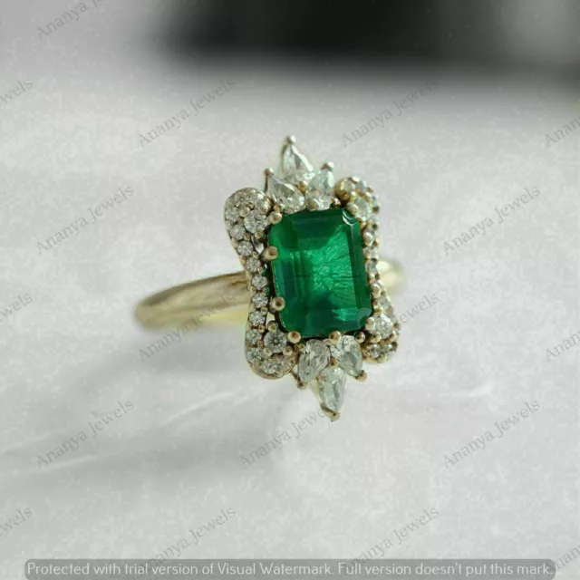 3 Ct Simulated Green Emerald Women's Engagement Ring Real 14K Yellow Gold Plated