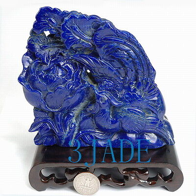 Natural Lapis Lazuli Bird Flower Statue / Sculpture Chinese Crystal Carving