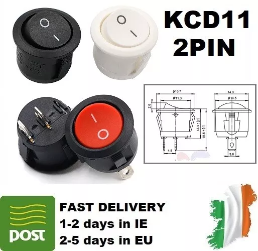 ROUND ROCKER SWITCH KCD11 3A 250V 6A 125V 16mm Diameter On-Off 2pin SPST