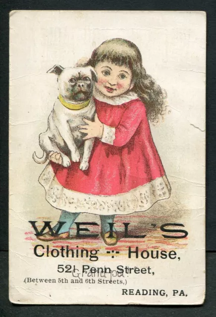 READING, PA ~ WEIL’S CLOTHING HOUSE ~ GIRL & DOG ADVERTISING TRADE CARD 1880s