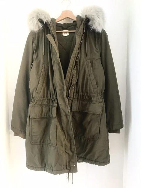 Gap Women Cotton Blend Hooded Long Jacket Faux Fur Army Green Padded Size L/225/