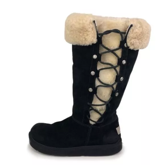 UGG Upside Winter Boots Womens Size 5 EUR 36 Black Leather Shearling Cuff 5163