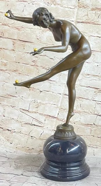 Art Deco Hot Cast Nude Female Juggler Bronze Sculpture Marble Base Figurine Gift