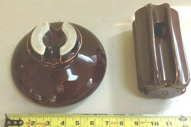 2- Large Brown Porcelain Insulators  Cool Shape Made In Usa  Vintage Railroad