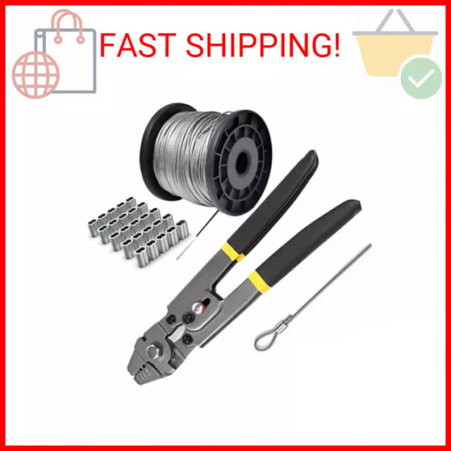 Wire Rope Crimping Tool Kit, with 1/16-304 Stainless Steel Cable 165 ft  (7x7 Strand Core), 100 Cable Ferrule Aluminum Loop Sleeve Stops, crimped  wire