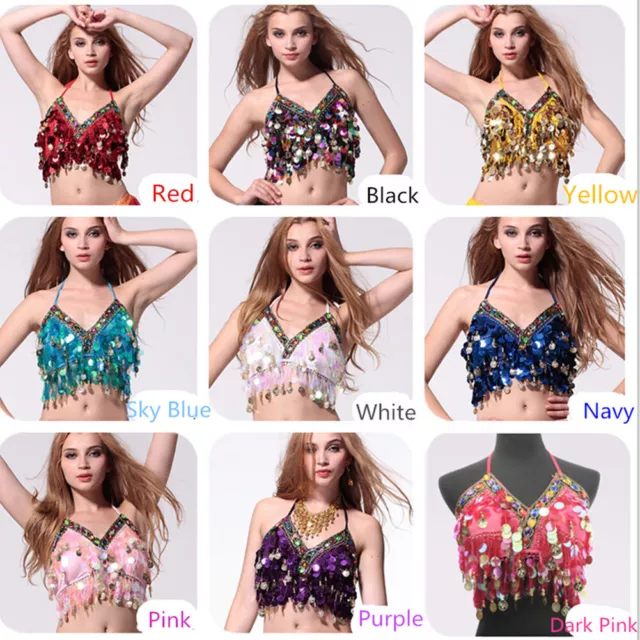 AU Belly Dance Bra Outfit Beaded Sequin Top Halter Dance Bollywood Costume