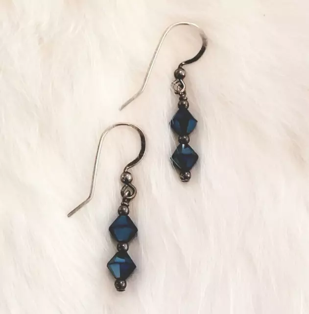 Metallic Blue Faceted Glass Dangle Earrings Pierced Sterling Silver Hooks 9423