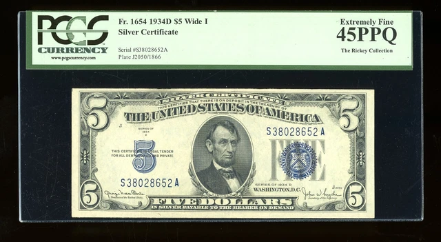 DBR 1934-D $5 Silver Fr. 1654Wi Wide I SA Block PCGS 45 PPQ Serial S38028652A