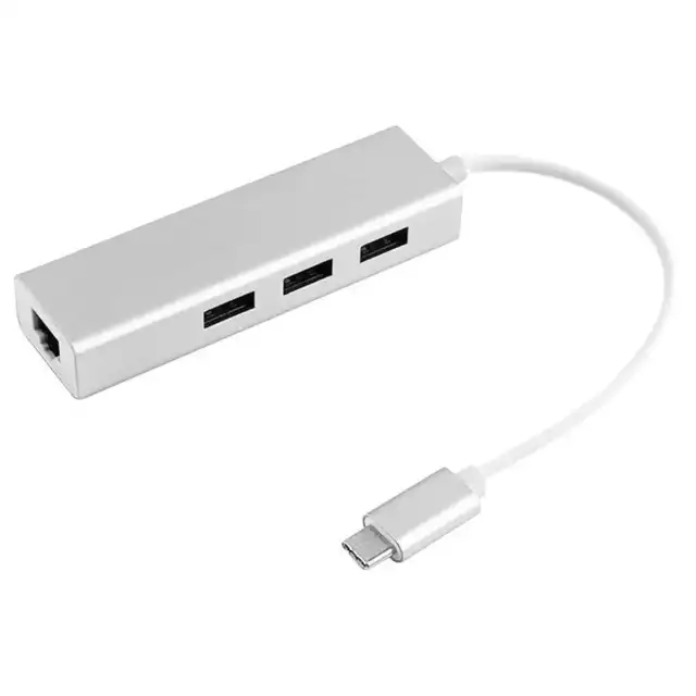 Hub 3 Puertos USB y 1 RJ45 10 100 Mbps para Portatil con USB Tipo C Plateado