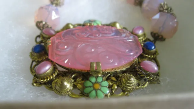 Antique Pink Czech Pressed Molded Glass Floral Choker Necklace Filigree Ornate