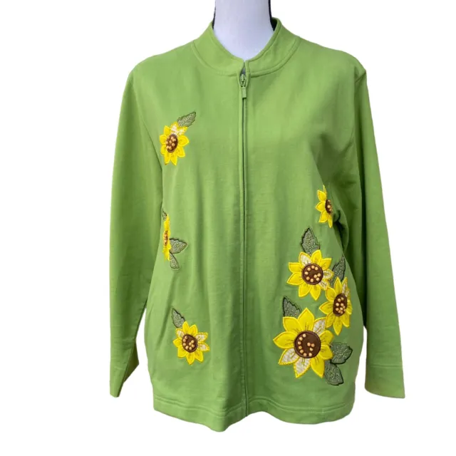 Bright  Green Sunflower Appliqué Zip Front Jersey Jacket With Pockets Sz L