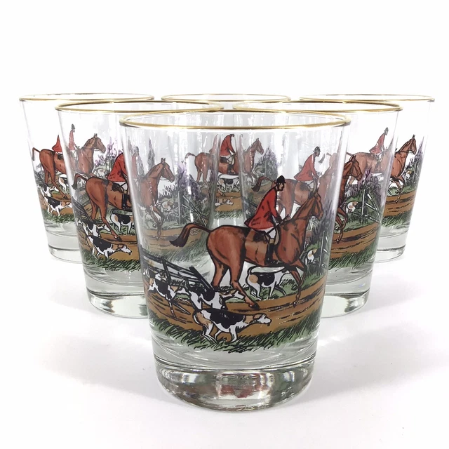 VINTAGE HUNT SCENE Equestrian Rocks Glasses Set Of 6 Signed Kuntesch 14