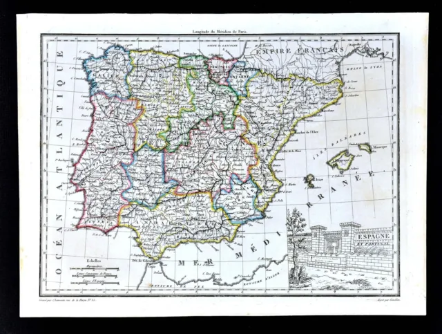 1812 Malte Brun Lapie Map Spain Portugal Lisbon Madrid Barcelona Gibraltar Ibiza