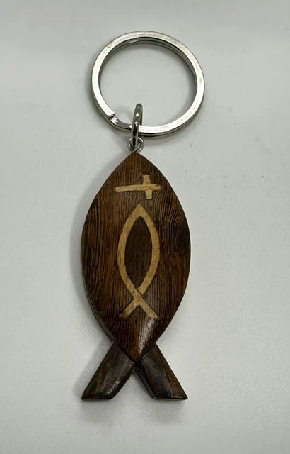 Christian Fish Cross Wooden Keychain Ornament