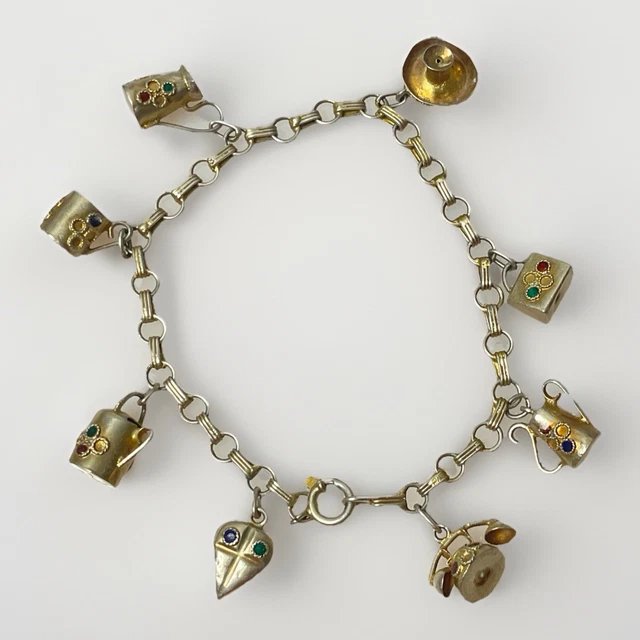 Bracelet Ancien Style étrusque à Breloque - Argent Massif 800, Pierres Turquoise - Occasion