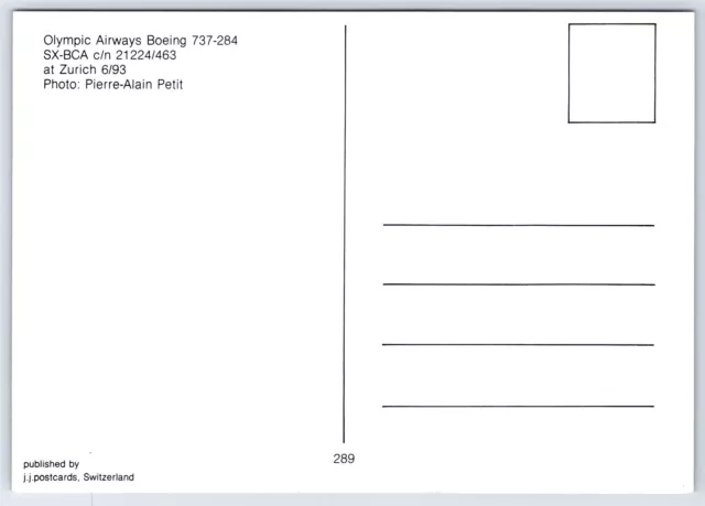 Postal de aviación Olympic Airways Airlines Boeing 737-284 SX-BCA en Zurich EX2 2