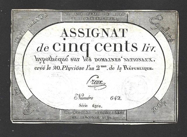 500 Livres  Vg-Fine  Banknote From France  1794  Pick-A77