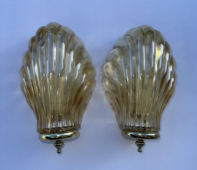 Ancienne Paire Applique Murale En Verre Irisée Coquille Coquillage Vintage Lampe