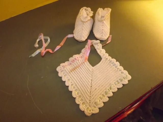 Vinage Hand Made Crocheted Baby Booties & Bib