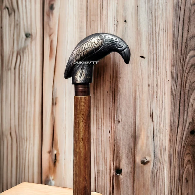 ANCIEN BÂTON DE marche en bois canne victorienne manche tête de corbeau