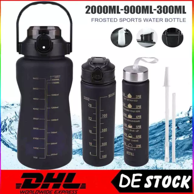 2L 900ML 300ML Trinkflasche mit Strohhalm Wasserflasche Fitness Sportflasche DE