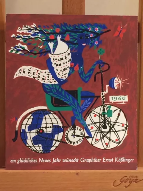 ORIGINAL SIEBDRUCK ERNST KÖßLINGER MÜNCHEN NEUJAHRS KARTE 1960