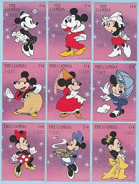 Disney Minnie Mouse Stamp Set 1997 Thru The Years Gambia 9 Stamps Unused Postage