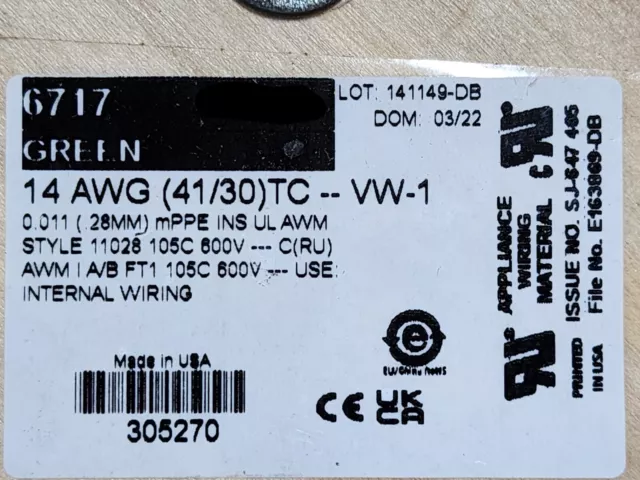 Alpha Wire 6717 #14awg EcoWire mPPE Tinned Copper Hook Up Wire 600V Green /25ft