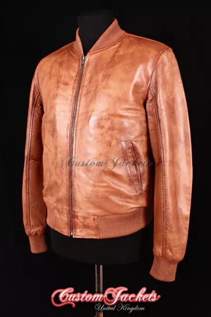 Mens 70'S BOMBER Leather Jacket Tan Wax Pilot Aviator Style Nappa Leather Jacket