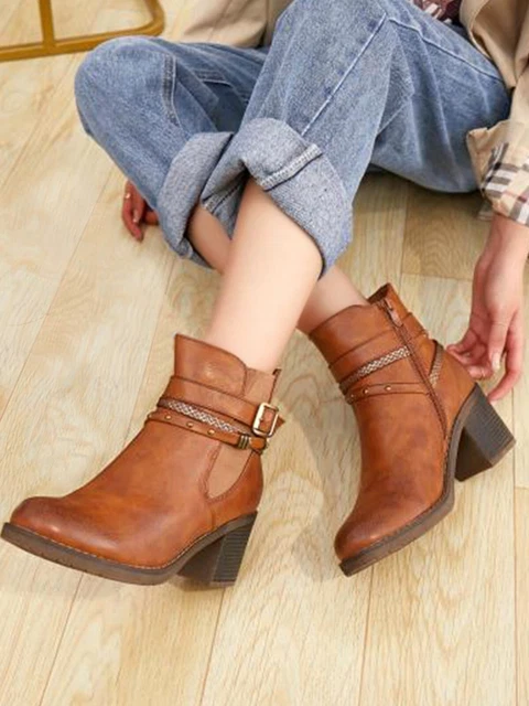 Bottines Bottes femmes à Talon Carré  Élégant Cuir Synthetique Camel