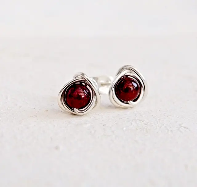 Garnet Stud Earrings Handmade Sterling Silver 4mm January Birthstone Gift Wrap