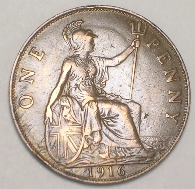 1916 UK Great Britain British One 1 Penny King George V Coin VF+