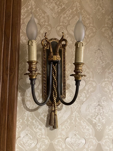 Neoclassical Double-Arm Sconces in Pewterand Brass, Antique Lighting