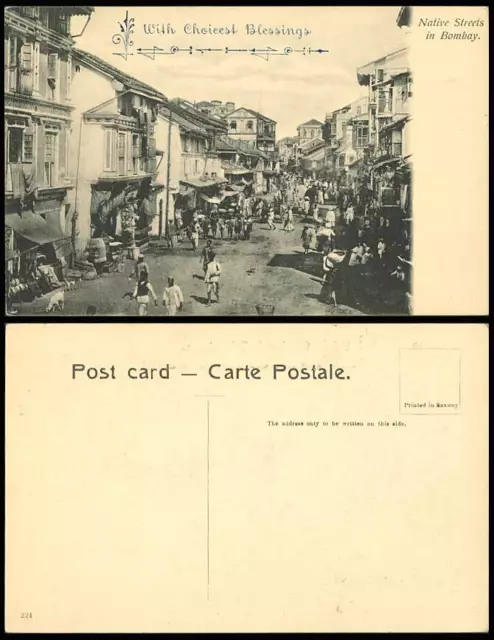 India Old Postcard Native Streets in Bombay Street Scene, With Choicest Blessing