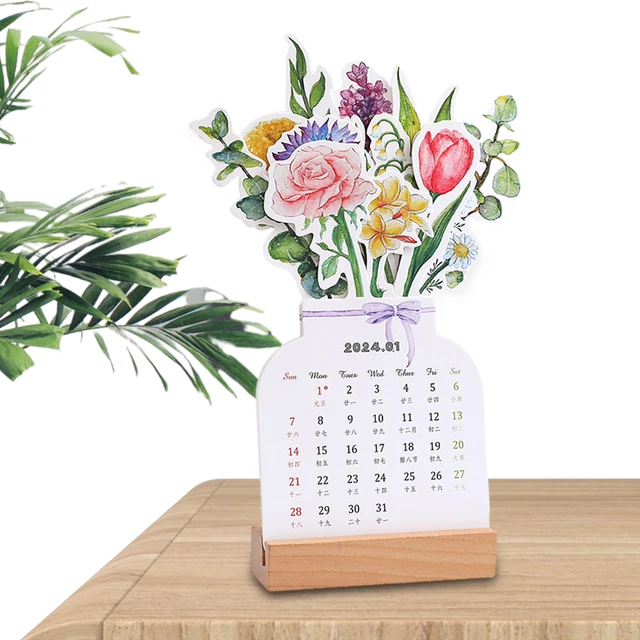 2024 BLOOMY FLOWERS Desk Calendar Vase Shaped Standing Desktop Calendar