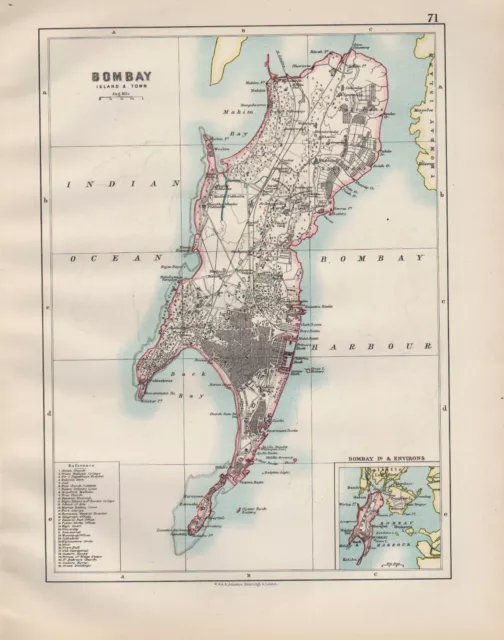 1899 Victorian Map Bombay Island & City Plan Surroundings Rare Public Buildings