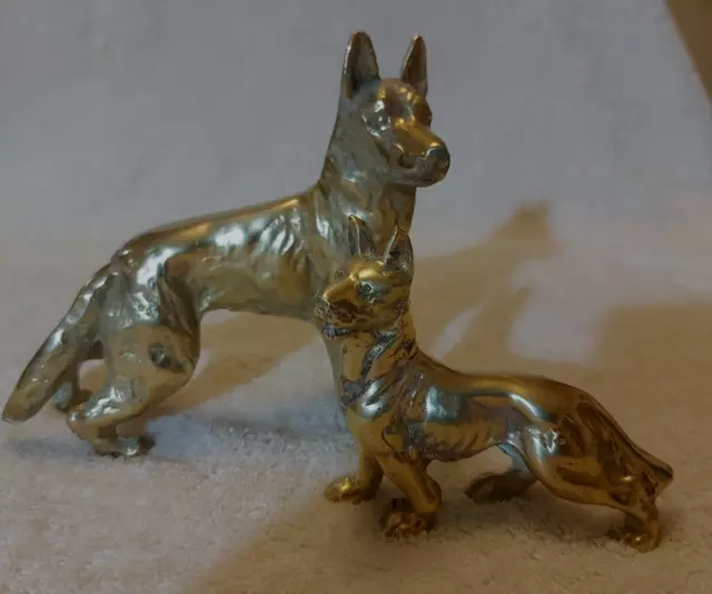 2x Vintage German Shepherd / Alsatian Cast Brass Dog Figurines-  Old Gold Lustre