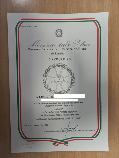Diploma Missione Militare In Libano