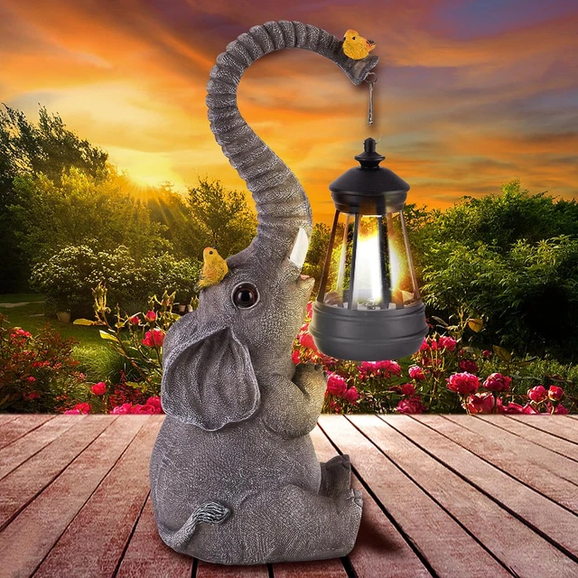Solar Elephant Garden Statue Lights with Birds - Unique Yard Christmas Decoratio