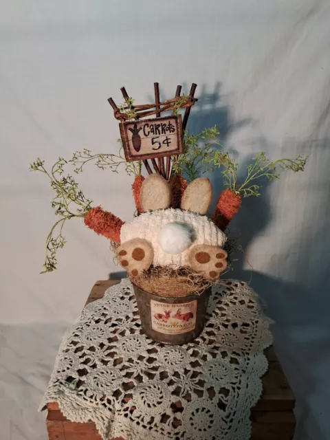 Handmade Spring Easter Chenille Bunny Carrot Arrangement Centerpiece Bucket NEW