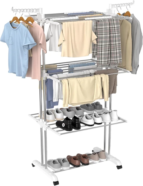 Stendibiancheria Pieghevole Con 6 Ruote - 3 Ripiani Regolabili, Bianco/Argento, 142x55x152 Cm - Foto 2