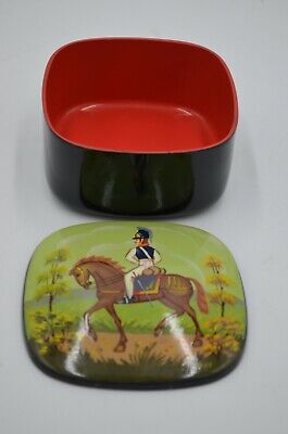 Russian Black Lacquer Box Red Interior Hand Painted Soldier on Horse