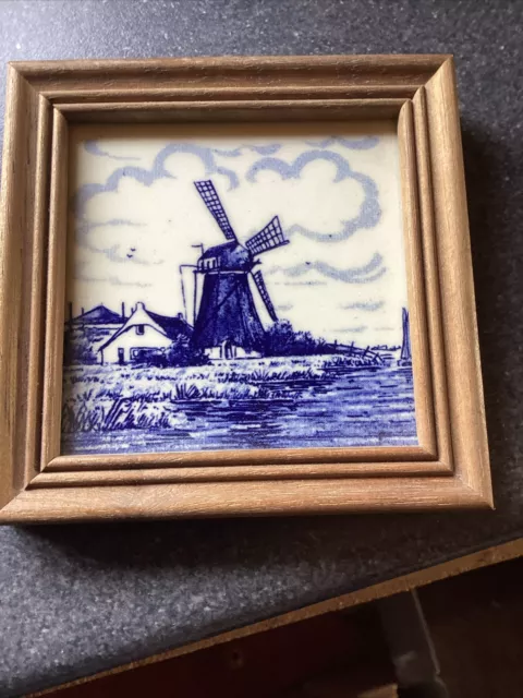 Delft Blaeuw 9cm Square Framed Tile Windmill/House Hand Painted Gorgeous