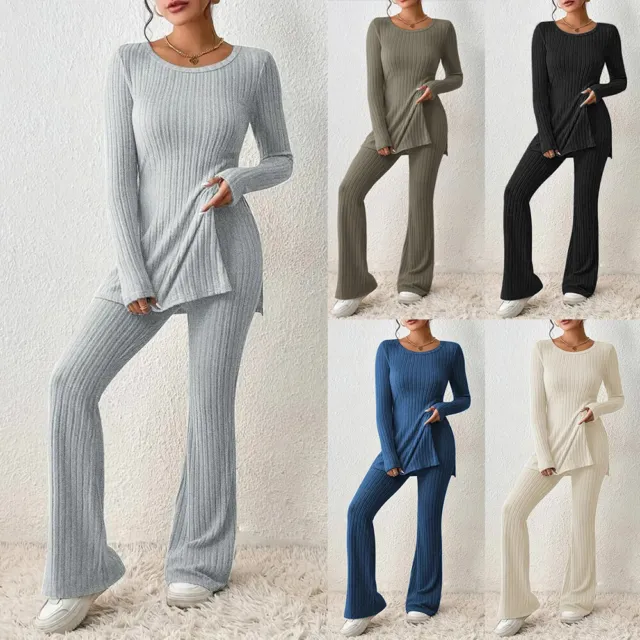 Women Ribbed Tracksuit Loungewear Long Sleeve T-Shirt Pants Outfit Co-ord Set