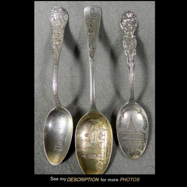 3 ANTIQUE STERLING Silver Michigan Souvenir Spoons Paw Paw Dearborn